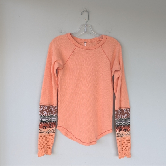 Free People In The Mix Orange Sherbet Cuff Detail Waffle Thermal Knit Top - Picture 5 of 13